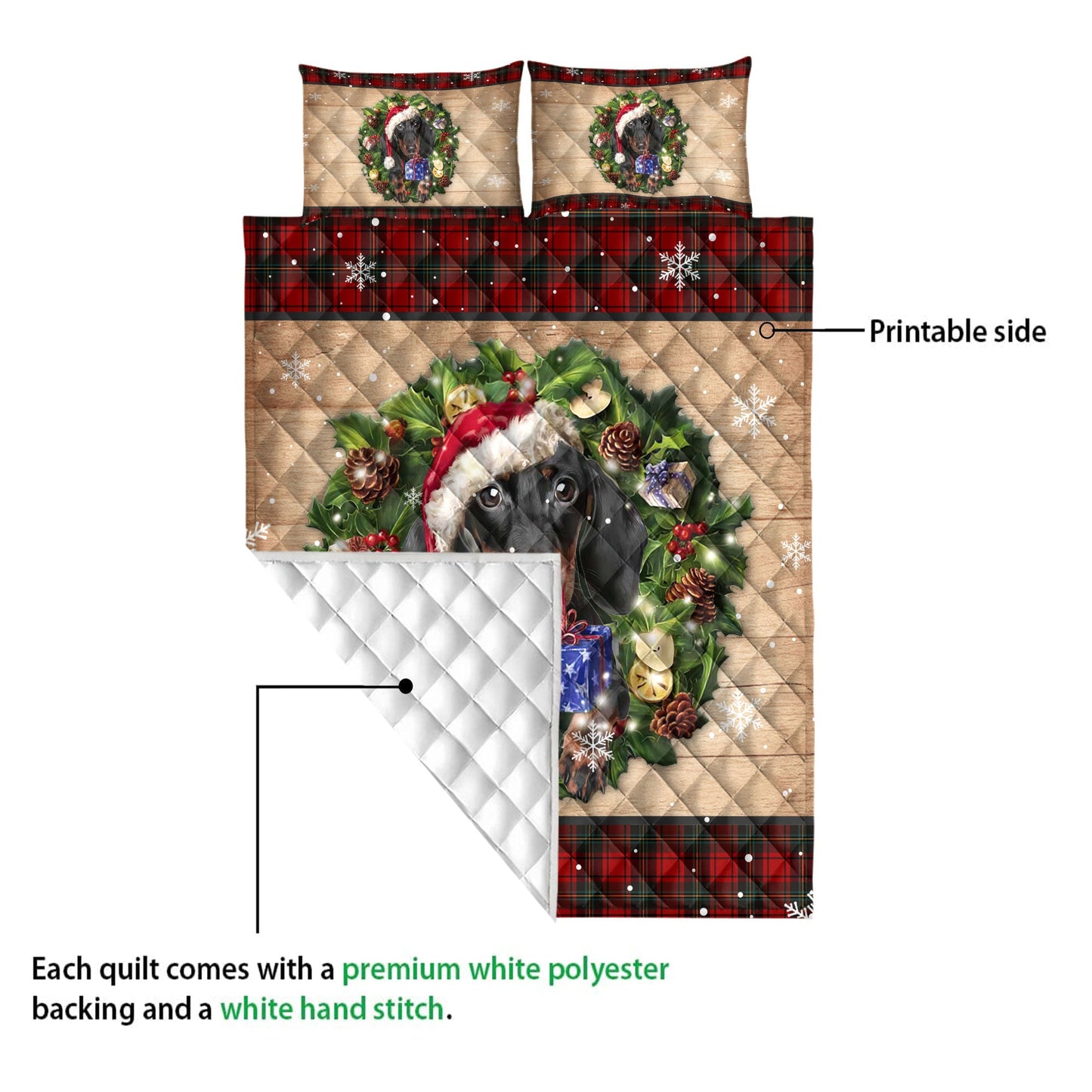 Dachshund Quilt Set, Dachshund Dog Wearing Wreath Amas Hat Buffalo Plaid Quilt Blanket With Pillowcases, Quilt Bedding Set, Christmas Gift