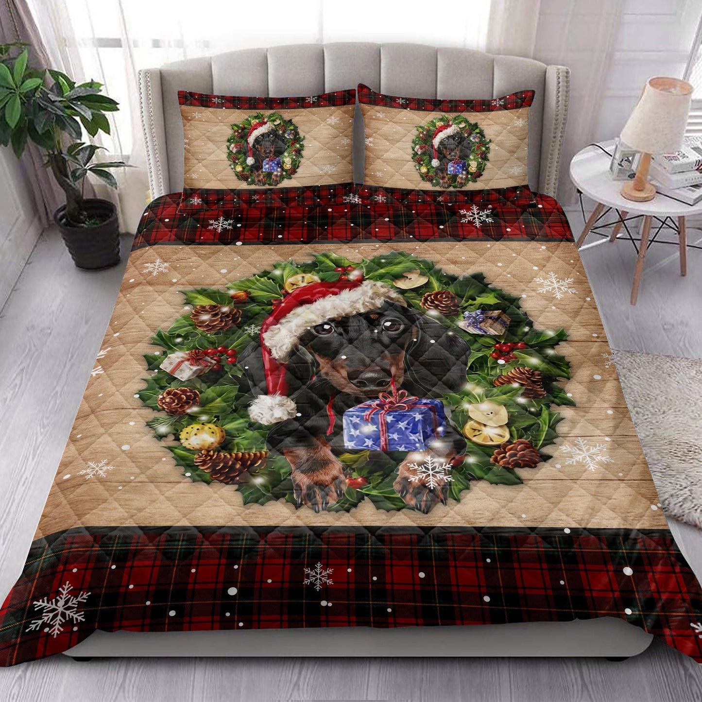 Dachshund Quilt Set, Dachshund Dog Wearing Wreath Amas Hat Buffalo Plaid Quilt Blanket With Pillowcases, Quilt Bedding Set, Christmas Gift