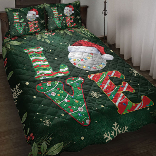 Volleyball Quilt Set, Love Volleyball Withmas Hat Holly Berry Snowflake Holiday Quilt Blanket With Pillowcases, Quilt Bedding Set, Christmas Gift