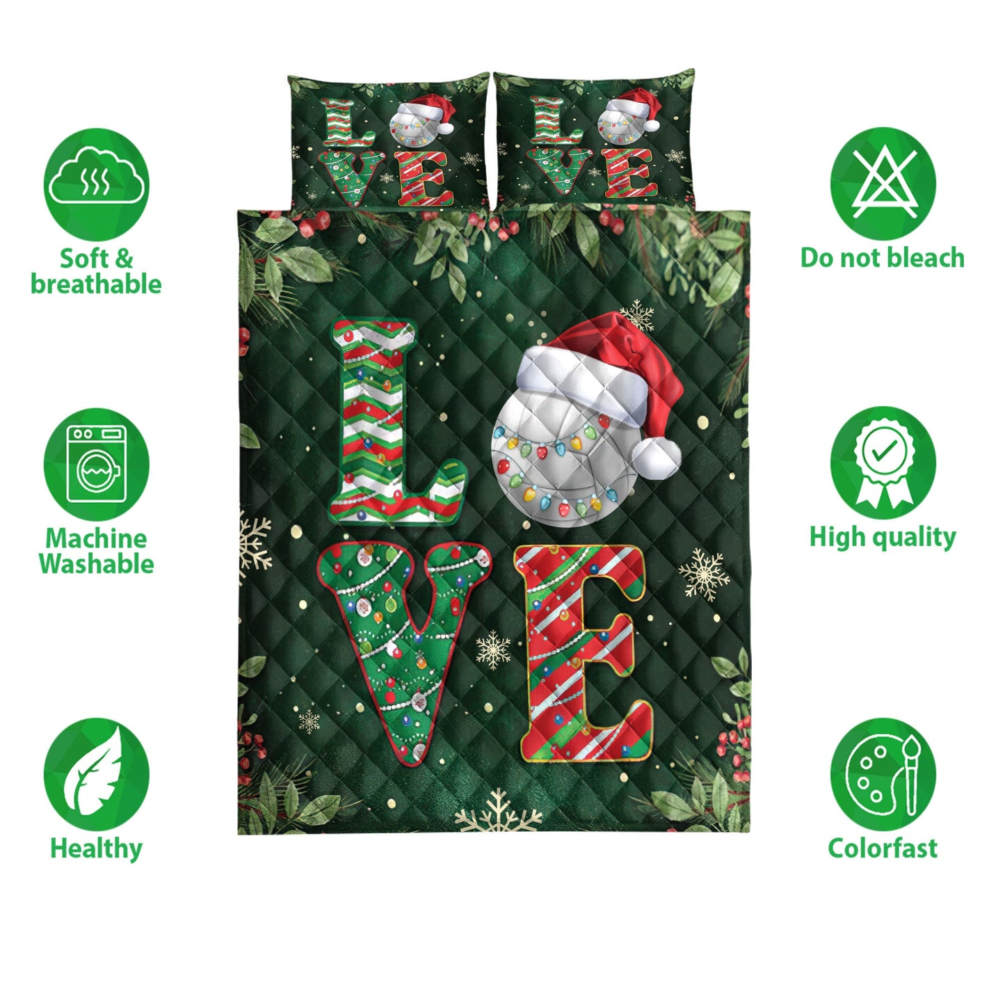Volleyball Quilt Set, Love Volleyball Withmas Hat Holly Berry Snowflake Holiday Quilt Blanket With Pillowcases, Quilt Bedding Set, Christmas Gift