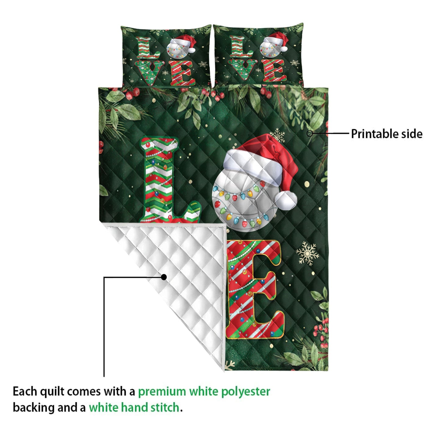 Volleyball Quilt Set, Love Volleyball Withmas Hat Holly Berry Snowflake Holiday Quilt Blanket With Pillowcases, Quilt Bedding Set, Christmas Gift