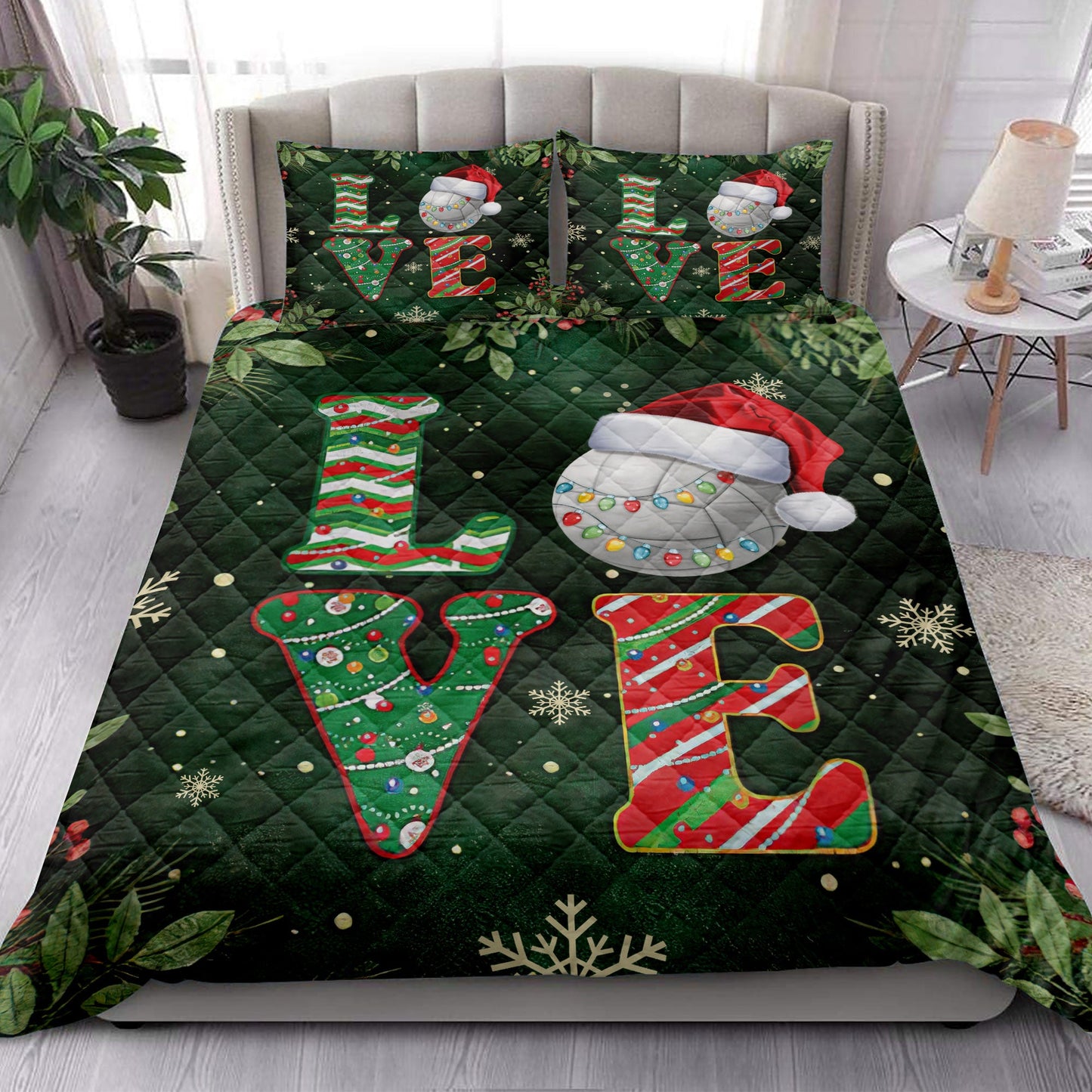 Volleyball Quilt Set, Love Volleyball Withmas Hat Holly Berry Snowflake Holiday Quilt Blanket With Pillowcases, Quilt Bedding Set, Christmas Gift