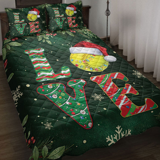 Softball Quilt Set, Love Softball Withmas Hat Holly Berry Snowflake Xmas Holiday Quilt Blanket With Pillowcases, Quilt Bedding Set, Christmas Gift