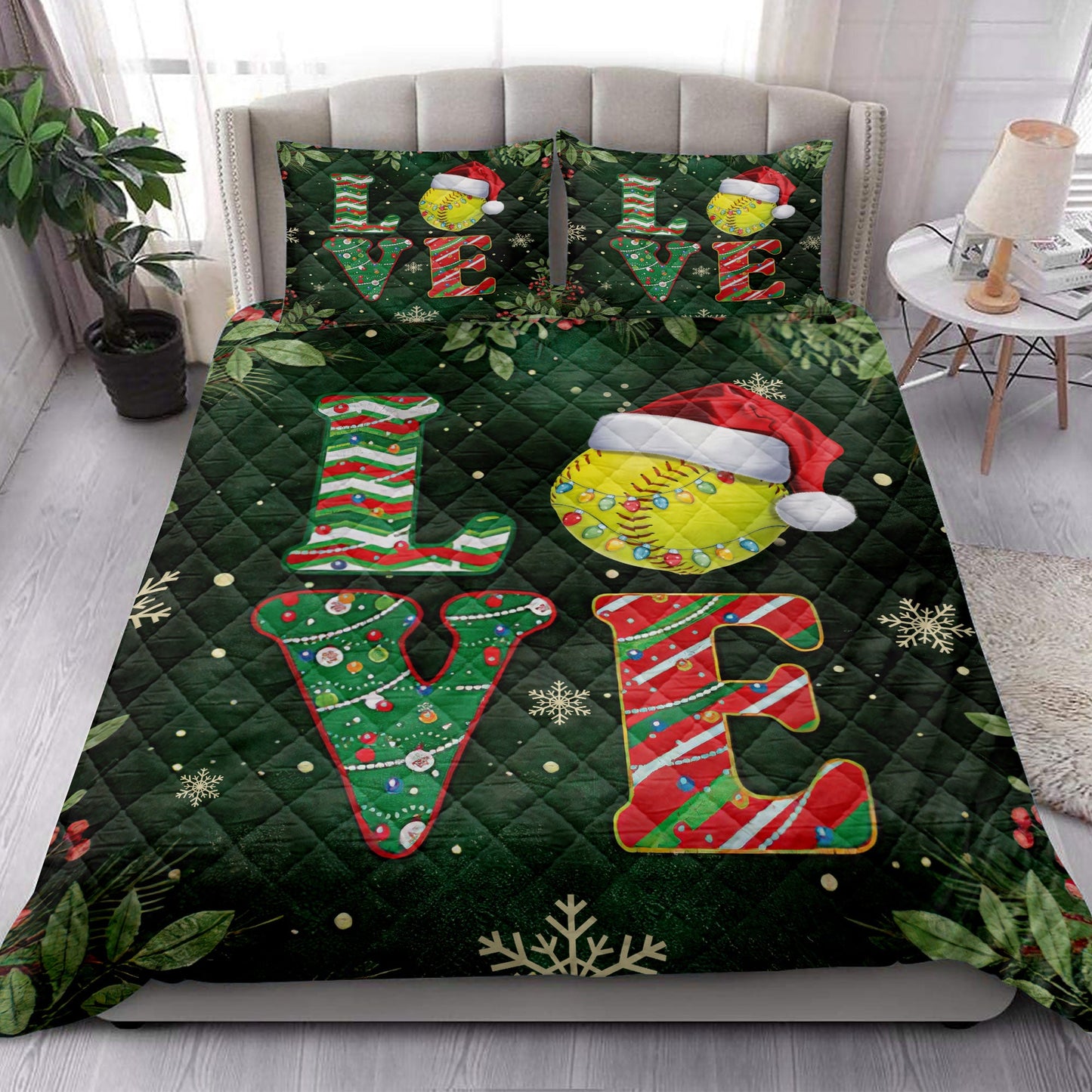Softball Quilt Set, Love Softball Withmas Hat Holly Berry Snowflake Xmas Holiday Quilt Blanket With Pillowcases, Quilt Bedding Set, Christmas Gift