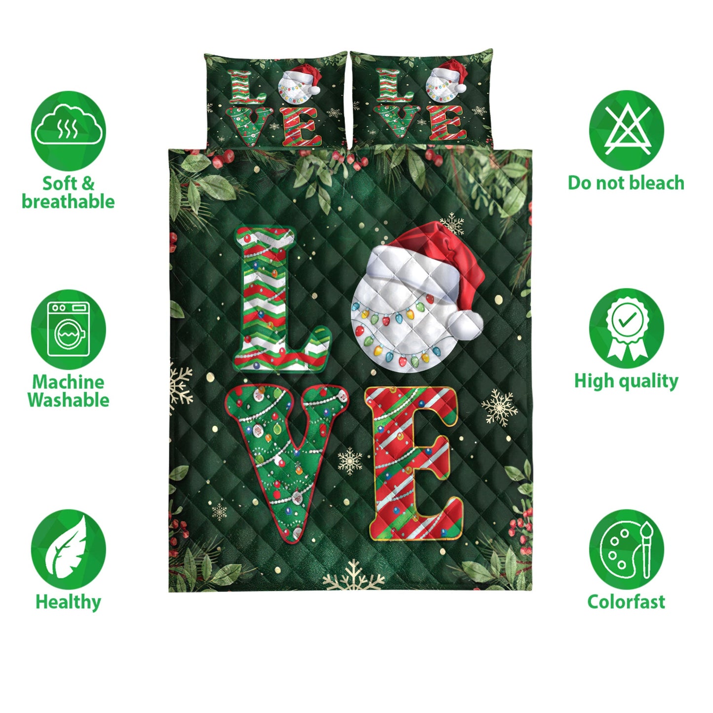 Golf Quilt Set, Love Golf Withmas Hat Holly Berry Snowflake Xmas Holiday Quilt Blanket With Pillowcases, Quilt Bedding Set, Christmas Gift