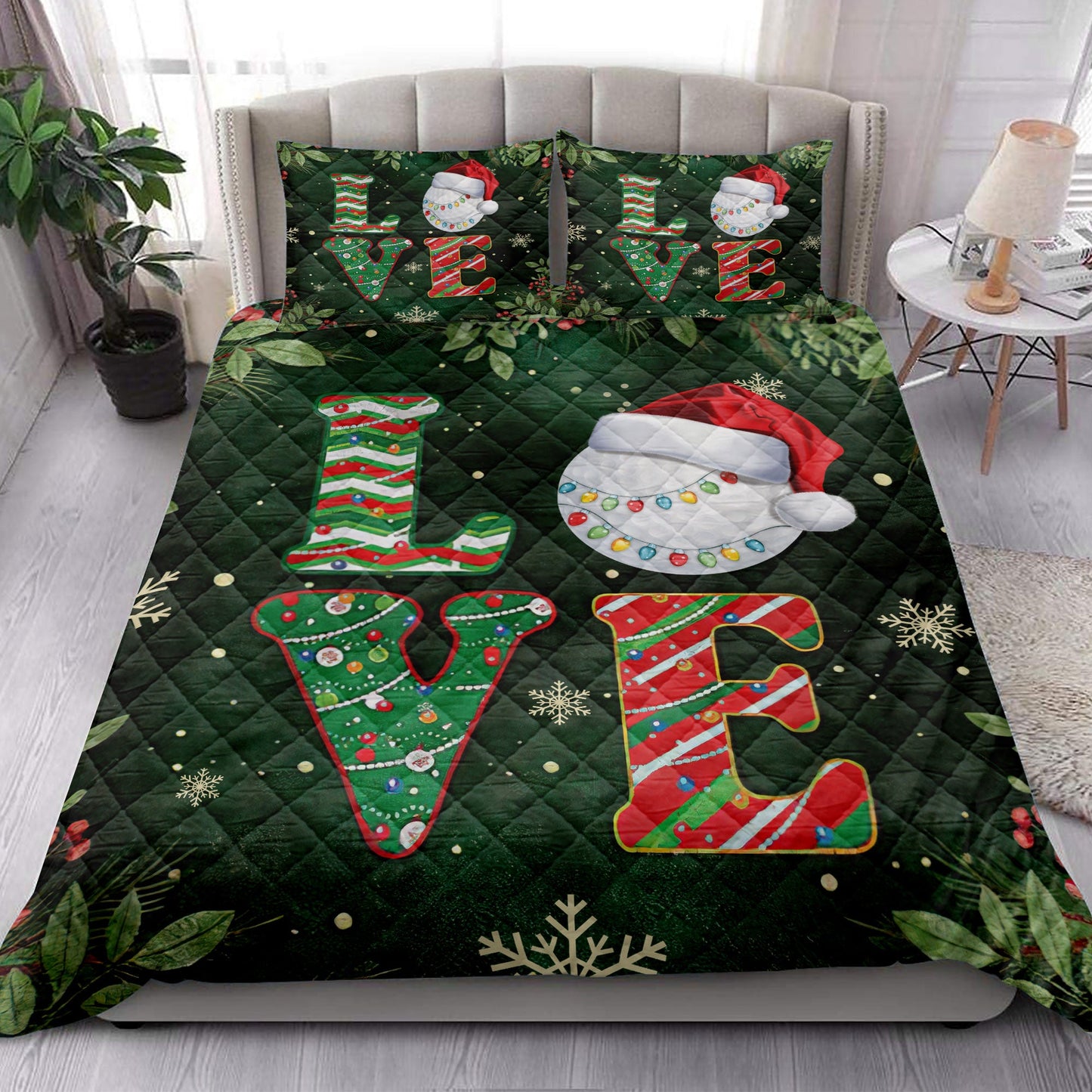 Golf Quilt Set, Love Golf Withmas Hat Holly Berry Snowflake Xmas Holiday Quilt Blanket With Pillowcases, Quilt Bedding Set, Christmas Gift