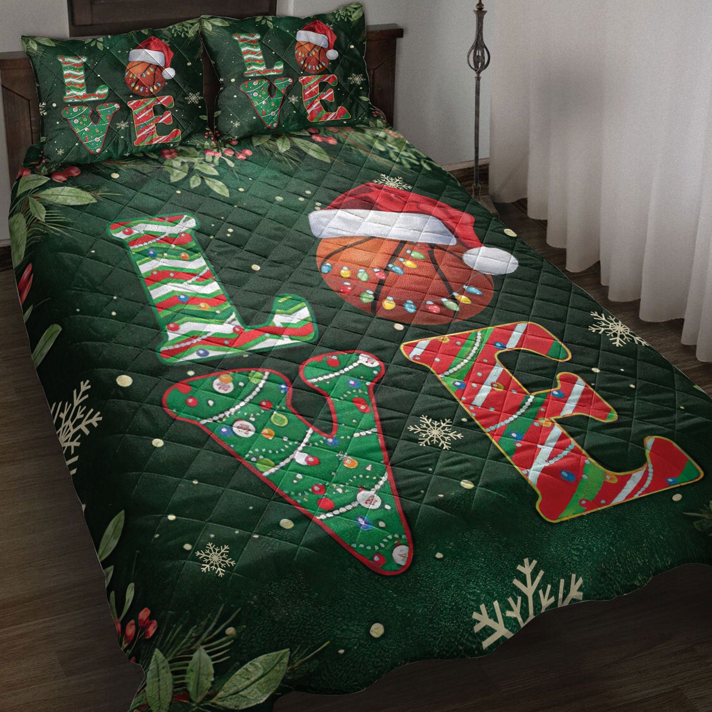Basketball Quilt Set, Love Basketball Withmas Hat Holly Berry Snowflake Holiday Quilt Blanket With Pillowcases, Quilt Bedding Set, Christmas Gift