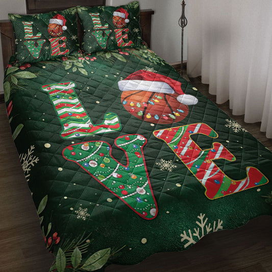 Basketball Quilt Set, Love Basketball Withmas Hat Holly Berry Snowflake Holiday Quilt Blanket With Pillowcases, Quilt Bedding Set, Christmas Gift