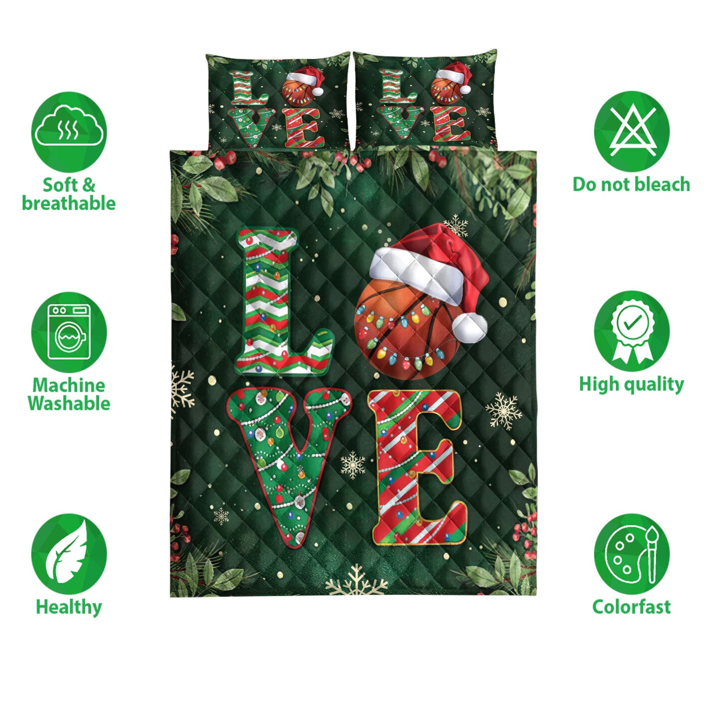 Basketball Quilt Set, Love Basketball Withmas Hat Holly Berry Snowflake Holiday Quilt Blanket With Pillowcases, Quilt Bedding Set, Christmas Gift