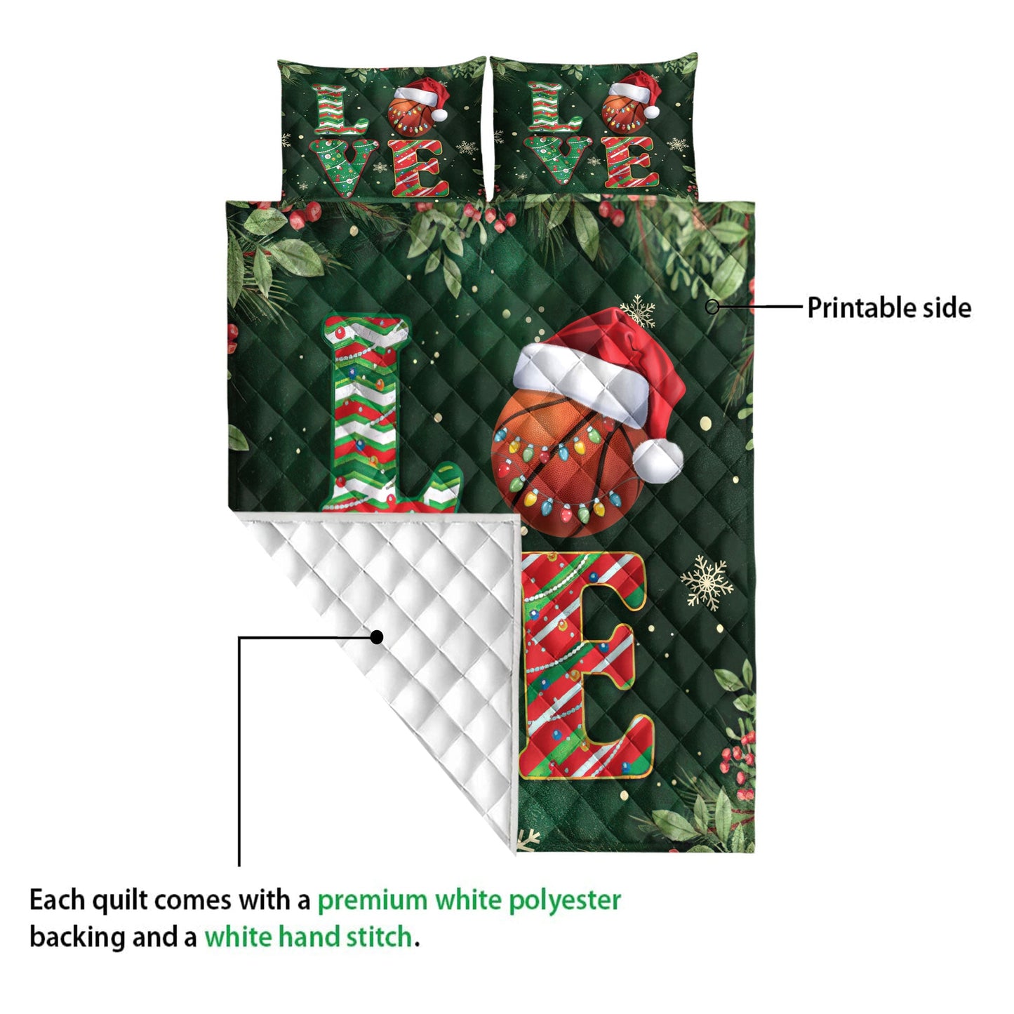 Basketball Quilt Set, Love Basketball Withmas Hat Holly Berry Snowflake Holiday Quilt Blanket With Pillowcases, Quilt Bedding Set, Christmas Gift
