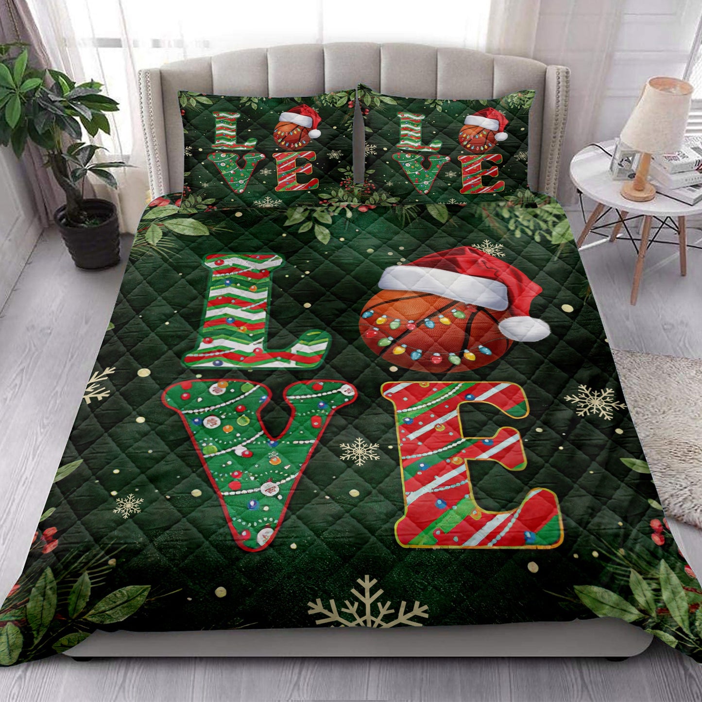 Basketball Quilt Set, Love Basketball Withmas Hat Holly Berry Snowflake Holiday Quilt Blanket With Pillowcases, Quilt Bedding Set, Christmas Gift