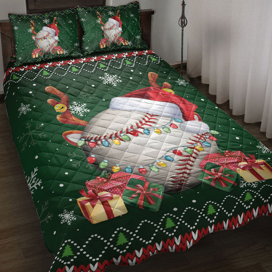Baseball Quilt Set, Baseballmas Hat Snowflake Reindeer Horn Box Ugly Quilt Blanket With Pillowcases, Quilt Bedding Set, Christmas Gift, Sports Gifts