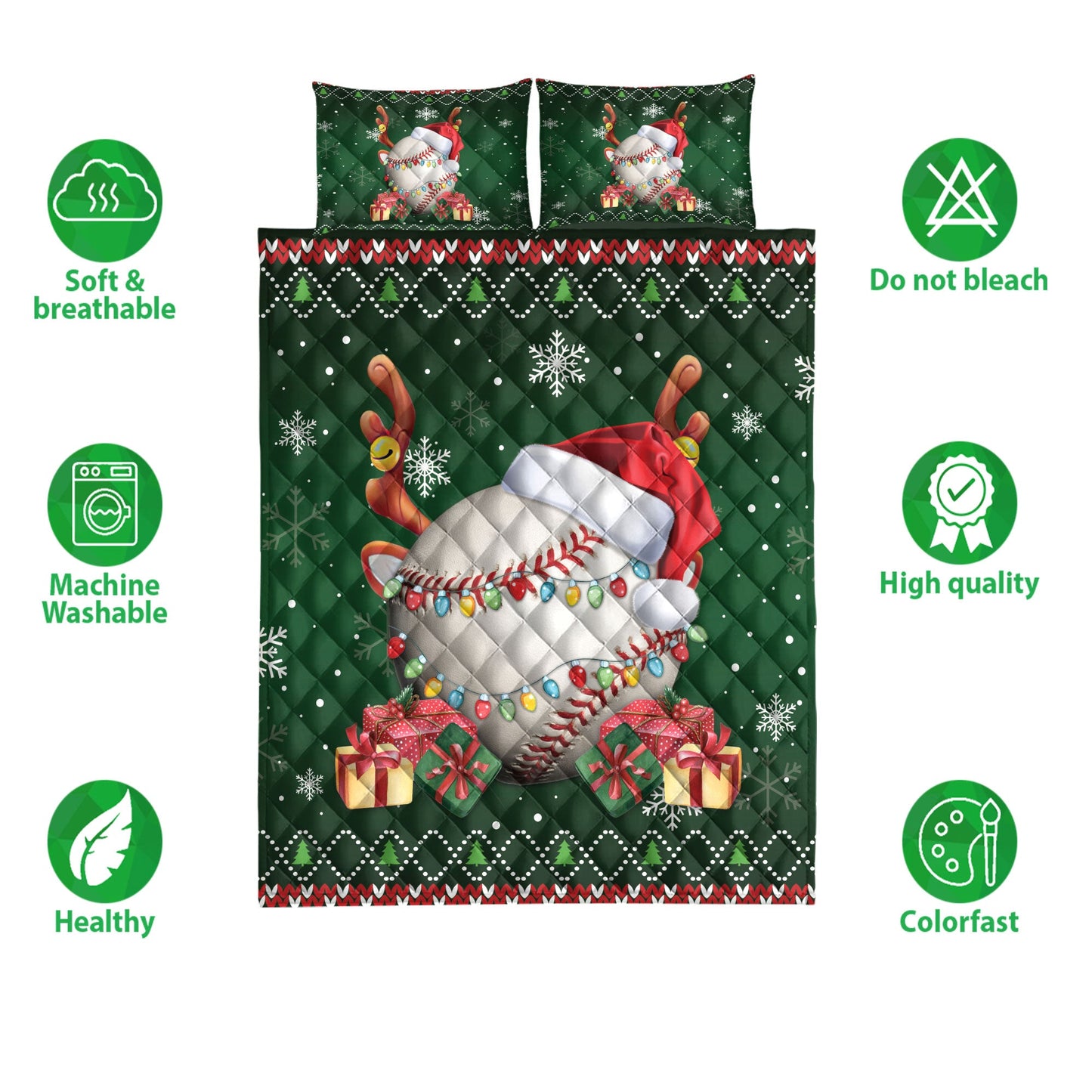 Baseball Quilt Set, Baseballmas Hat Snowflake Reindeer Horn Box Ugly Quilt Blanket With Pillowcases, Quilt Bedding Set, Christmas Gift, Sports Gifts
