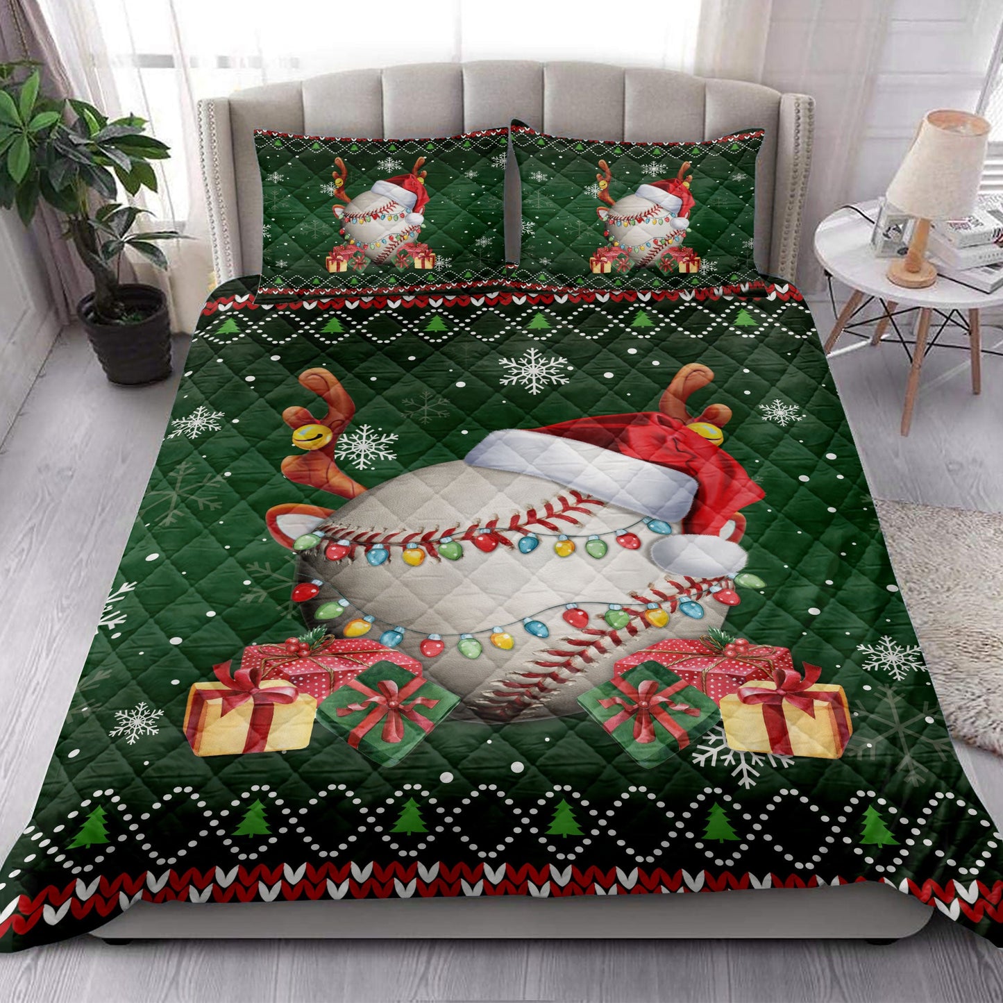 Baseball Quilt Set, Baseballmas Hat Snowflake Reindeer Horn Box Ugly Quilt Blanket With Pillowcases, Quilt Bedding Set, Christmas Gift, Sports Gifts