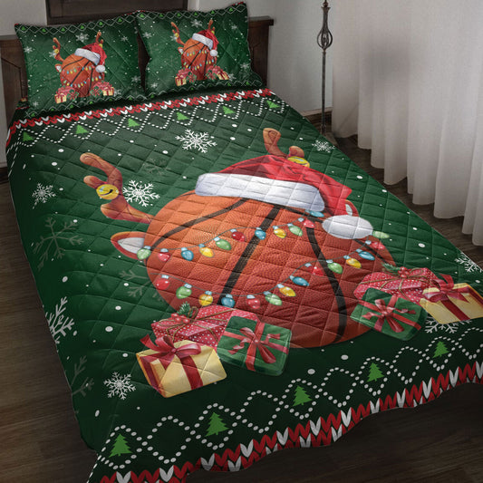 Basketball Quilt Set, Basketballmas Hat Snowflake Reindeer Horn Box Ugly Quilt Blanket With Pillowcases, Quilt Bedding Set, Christmas Gift
