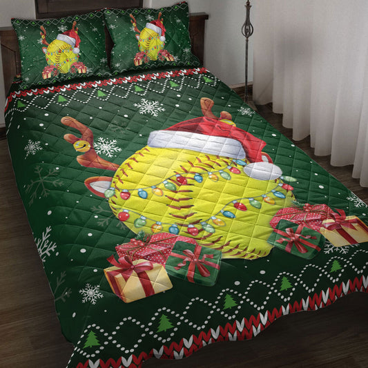 Softball Quilt Set, Softballmas Hat Snowflake Reindeer Horn Ugly Quilt Blanket With Pillowcases, Quilt Bedding Set, Christmas Gift