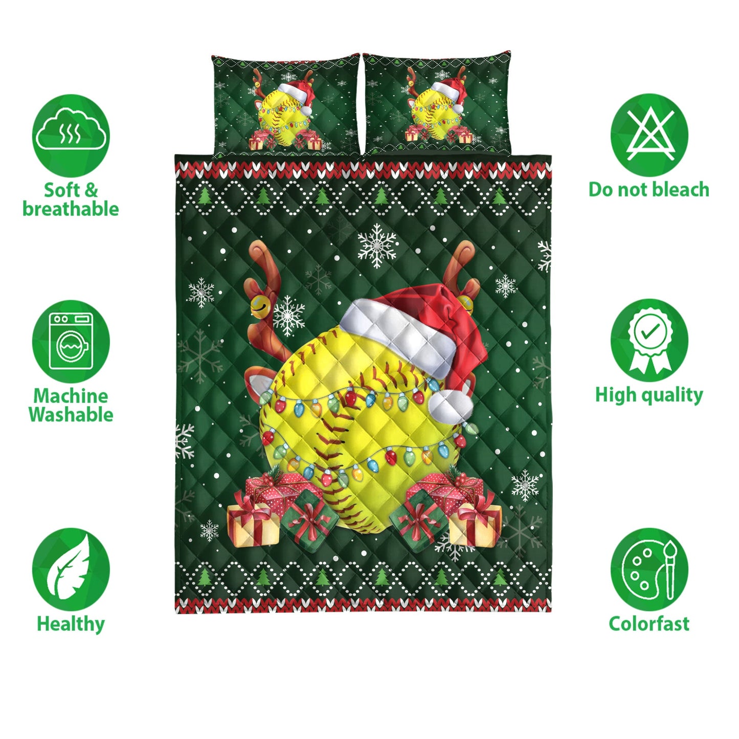 Softball Quilt Set, Softballmas Hat Snowflake Reindeer Horn Ugly Quilt Blanket With Pillowcases, Quilt Bedding Set, Christmas Gift