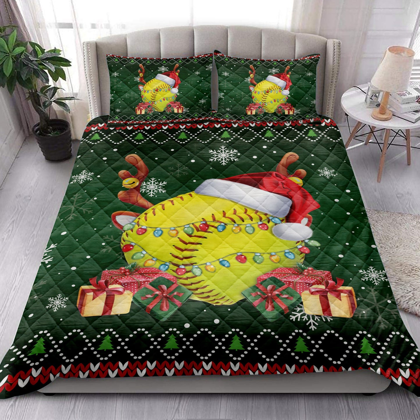 Softball Quilt Set, Softballmas Hat Snowflake Reindeer Horn Ugly Quilt Blanket With Pillowcases, Quilt Bedding Set, Christmas Gift