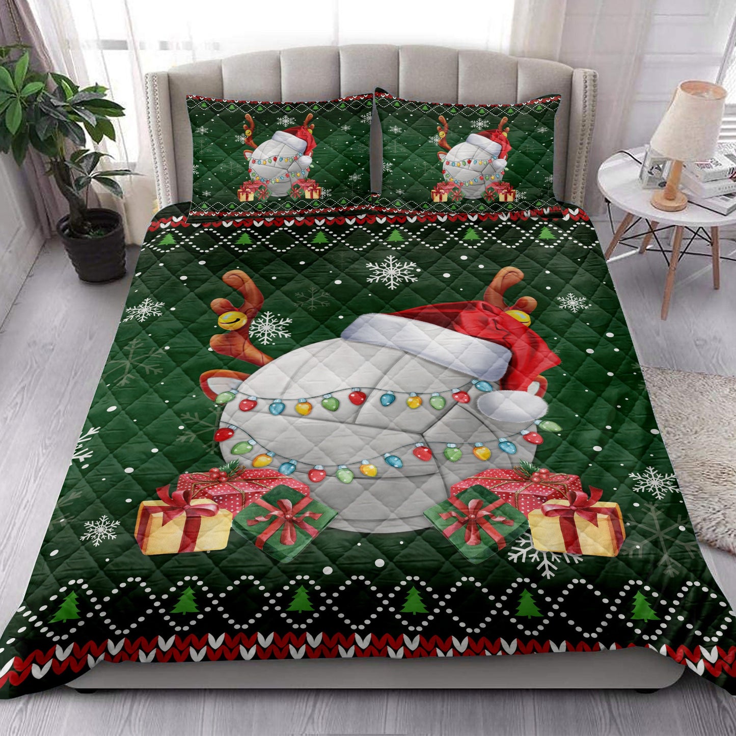 Volleyball Quilt Set, Volleyballmas Hat Snowflake Reindeer Horn Ugly Quilt Blanket With Pillowcases, Quilt Bedding Set, Christmas Gift