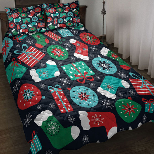 Christmas Quilt Set, Colorful Retromas Presents Stockings Glass Balls Snowflakes Quilt Blanket With Pillowcases, Quilt Bedding Set, Christmas Gift