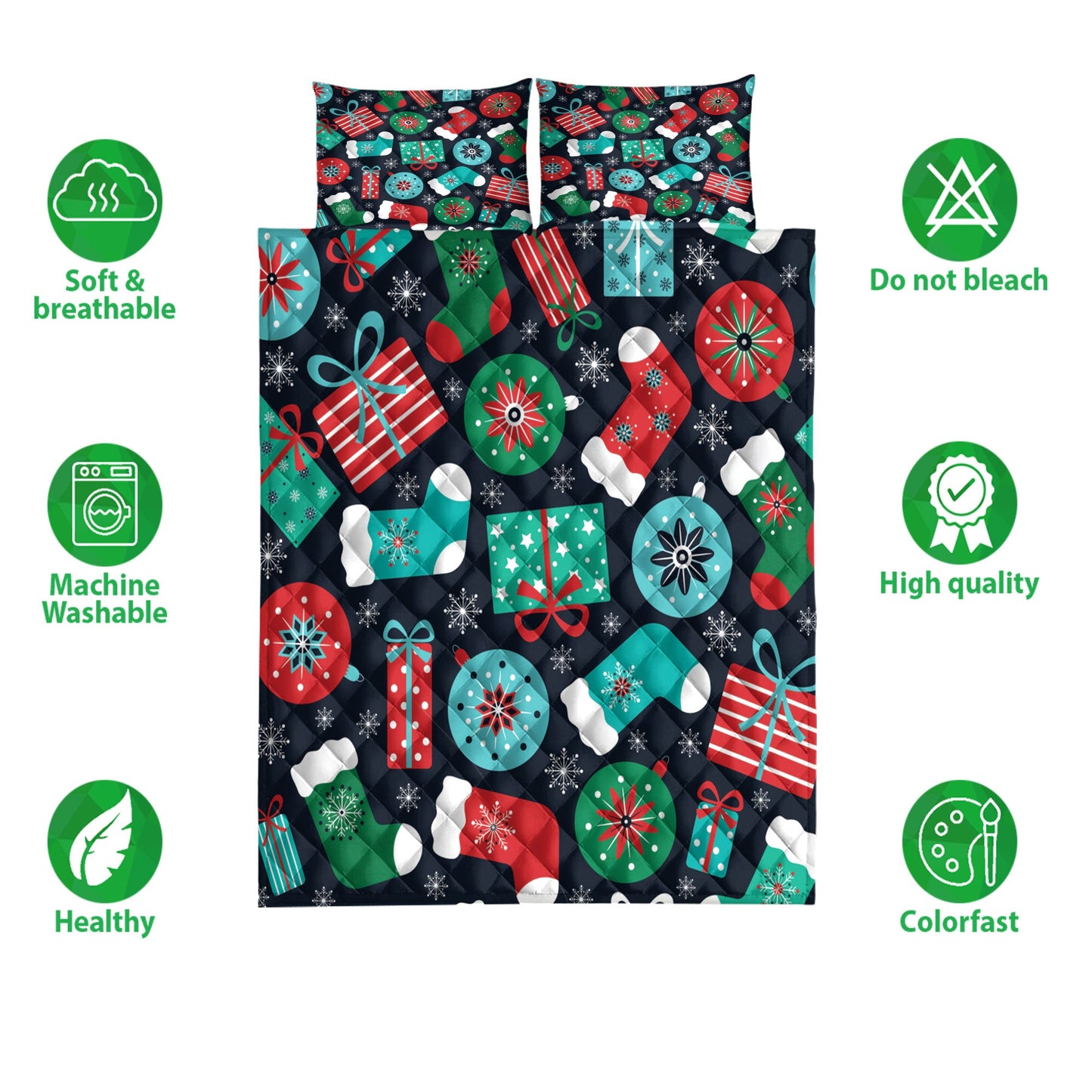 Christmas Quilt Set, Colorful Retromas Presents Stockings Glass Balls Snowflakes Quilt Blanket With Pillowcases, Quilt Bedding Set, Christmas Gift