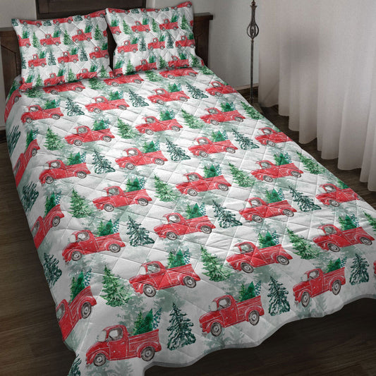 Christmas Quilt Set, Christmas Red Truck Winter Holiday Snow Spruce Pine Tree Quilt Blanket With Pillowcases, Quilt Bedding Set, Christmas Gift