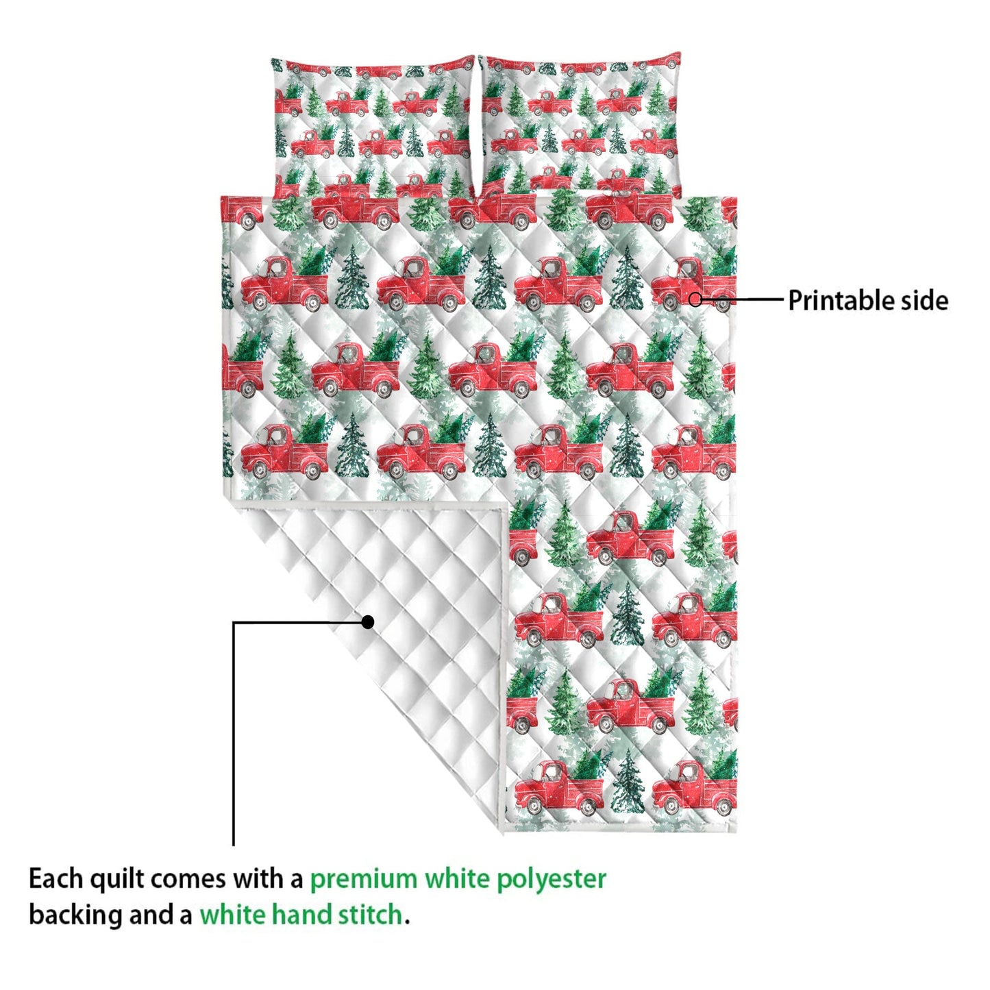 Christmas Quilt Set, Christmas Red Truck Winter Holiday Snow Spruce Pine Tree Quilt Blanket With Pillowcases, Quilt Bedding Set, Christmas Gift