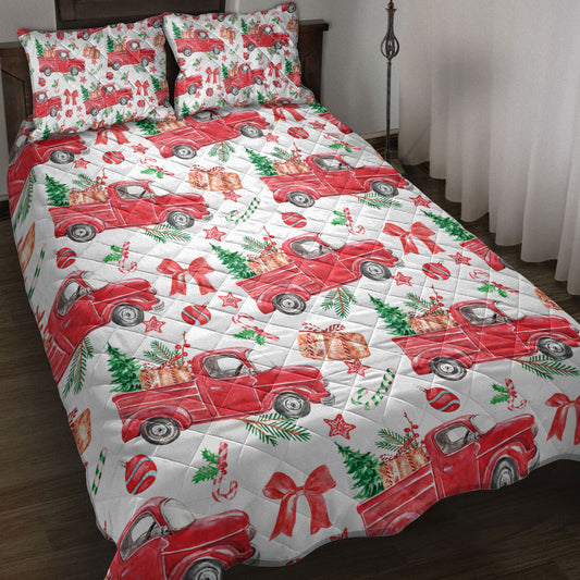 Christmas Quilt Set, Christmas Red Truck Fir Tree Candy Cane Winter Holiday Quilt Blanket With Pillowcases, Quilt Bedding Set, Christmas Gift