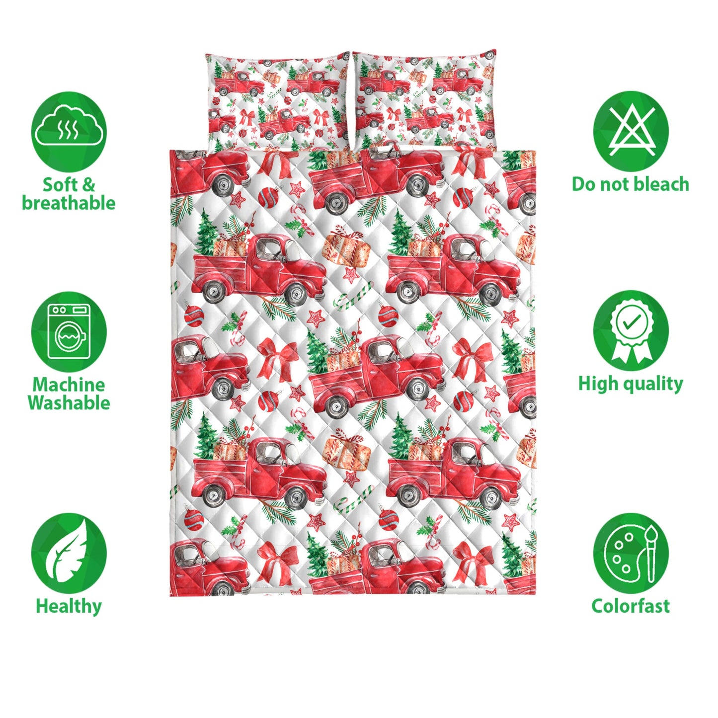 Christmas Quilt Set, Christmas Red Truck Fir Tree Candy Cane Winter Holiday Quilt Blanket With Pillowcases, Quilt Bedding Set, Christmas Gift