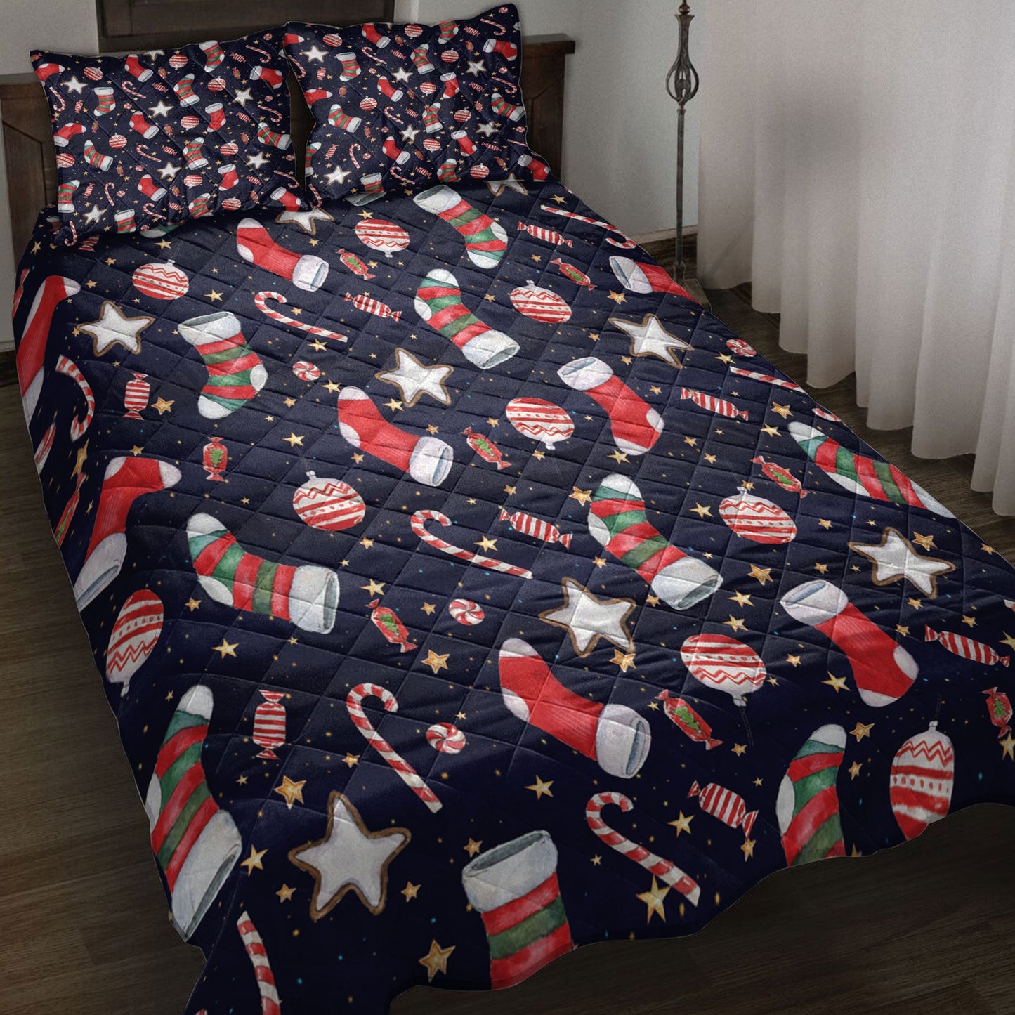 Christmas Quilt Set, Christmas Stocking Candy And Red Balls Quilt Blanket With Pillowcases, Quilt Bedding Set, Christmas Gift