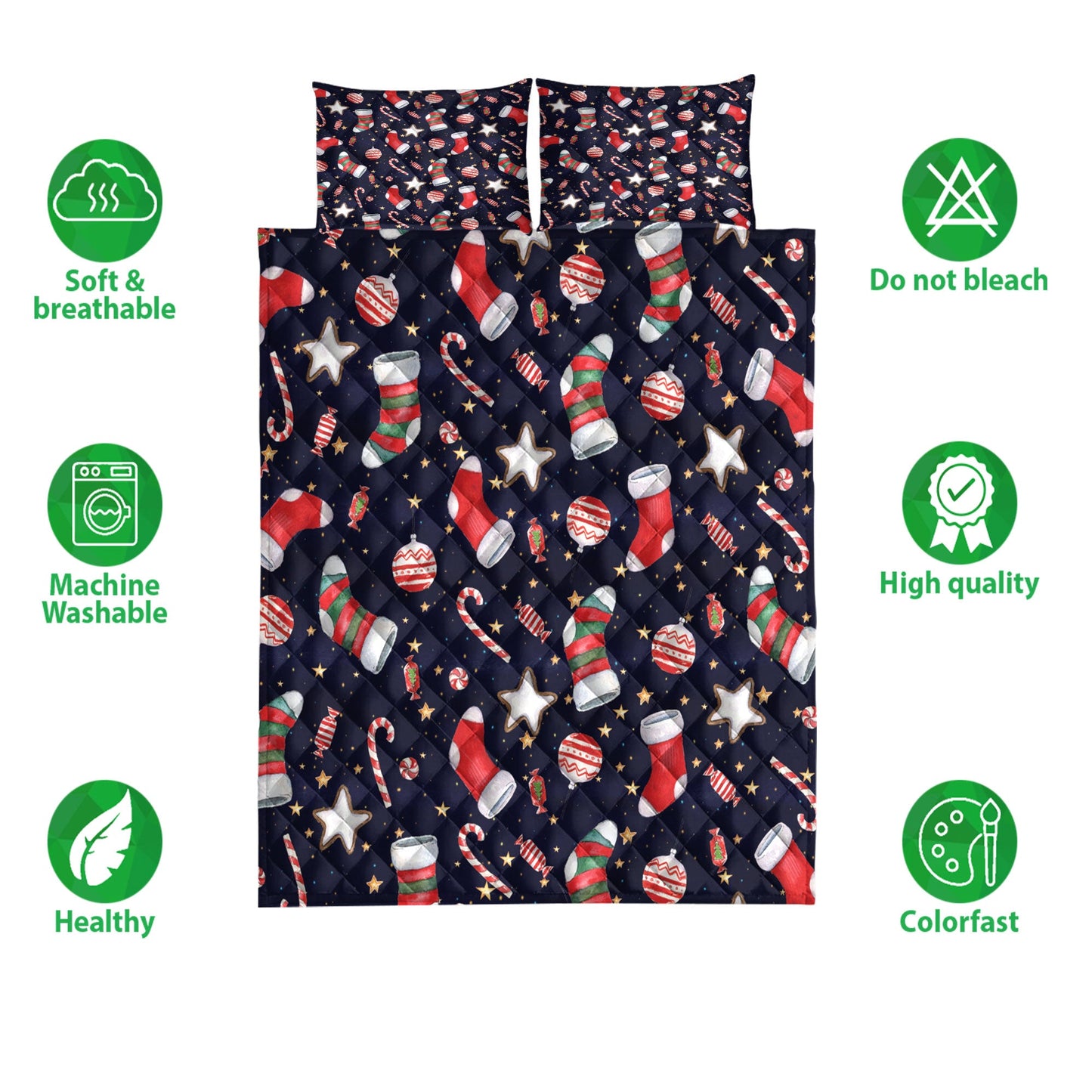 Christmas Quilt Set, Christmas Stocking Candy And Red Balls Quilt Blanket With Pillowcases, Quilt Bedding Set, Christmas Gift