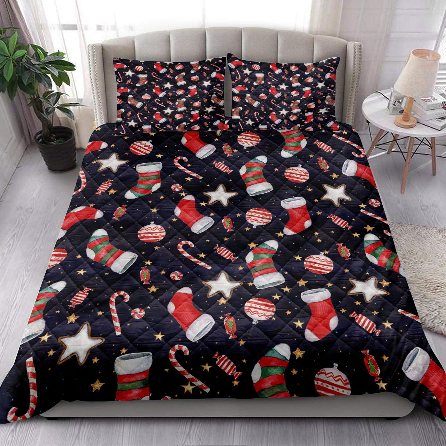 Christmas Quilt Set, Christmas Stocking Candy And Red Balls Quilt Blanket With Pillowcases, Quilt Bedding Set, Christmas Gift