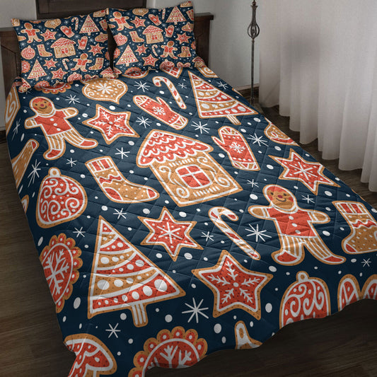 Christmas Quilt Set, Gingerbread Cookiesmas Tree Star Snowflakemas Quilt Blanket With Pillowcases, Quilt Bedding Set, Christmas Gift