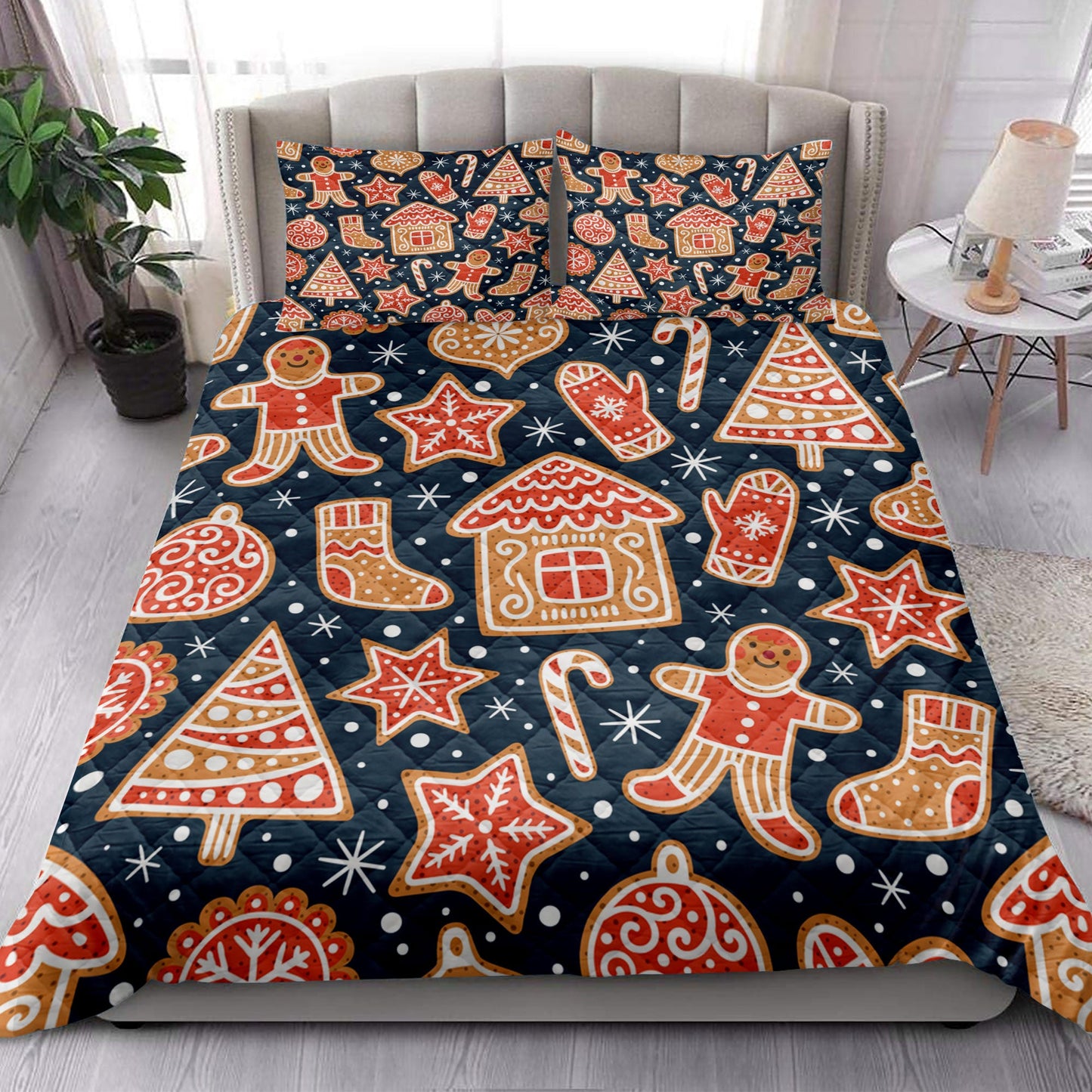 Christmas Quilt Set, Gingerbread Cookiesmas Tree Star Snowflakemas Quilt Blanket With Pillowcases, Quilt Bedding Set, Christmas Gift