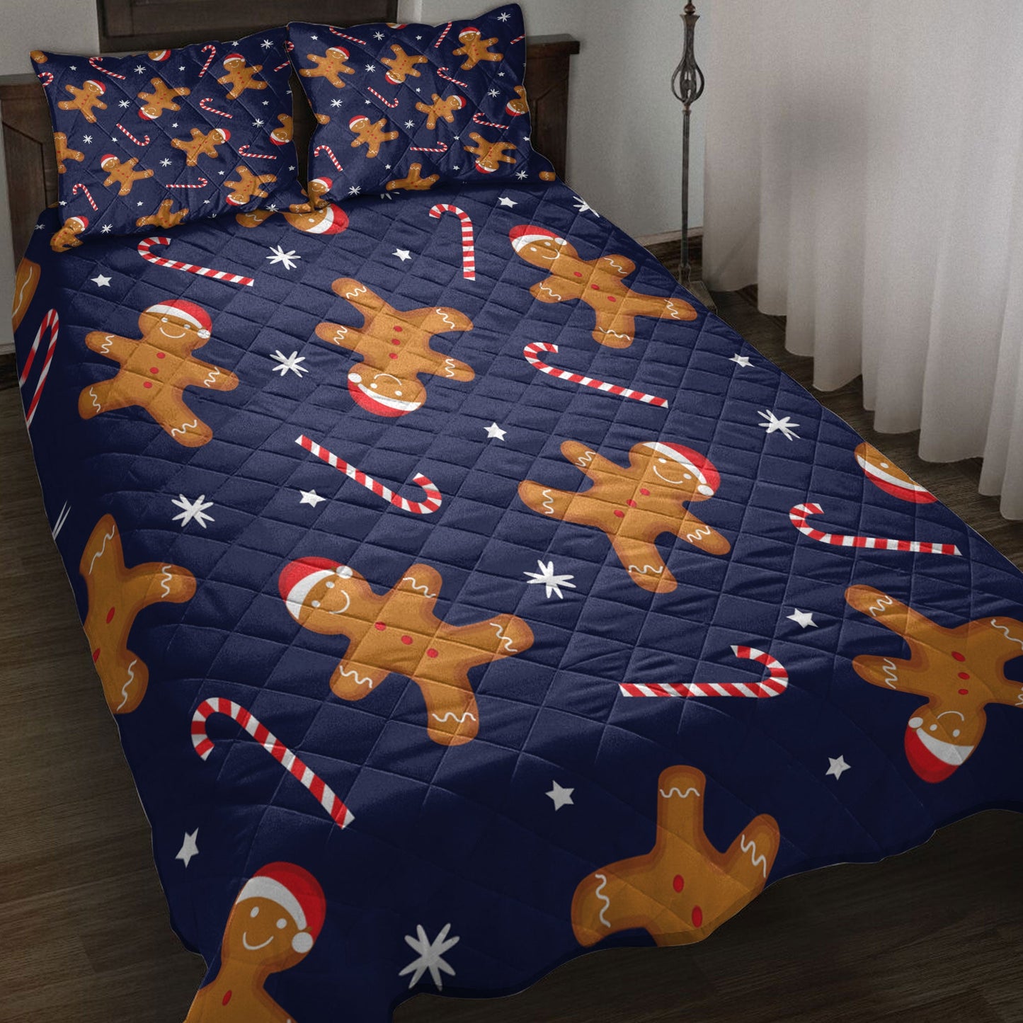 Christmas Quilt Set, Gingerbread Man Xmas Hat Candy Cane Winter Holidaymass Quilt Blanket With Pillowcases, Quilt Bedding Set, Christmas Gift