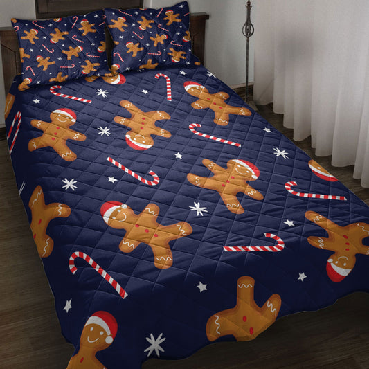 Christmas Quilt Set, Gingerbread Man Xmas Hat Candy Cane Winter Holidaymass Quilt Blanket With Pillowcases, Quilt Bedding Set, Christmas Gift