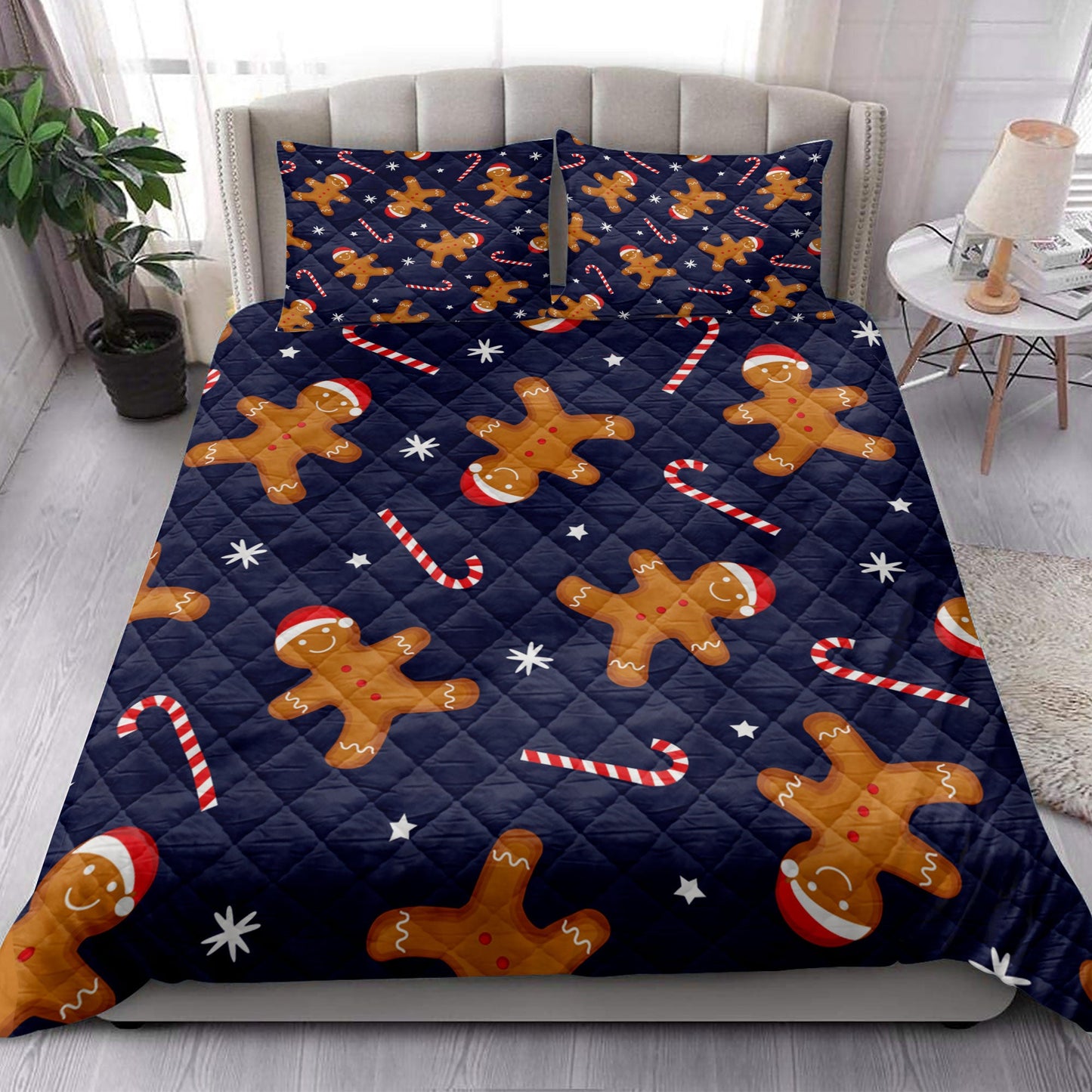 Christmas Quilt Set, Gingerbread Man Xmas Hat Candy Cane Winter Holidaymass Quilt Blanket With Pillowcases, Quilt Bedding Set, Christmas Gift