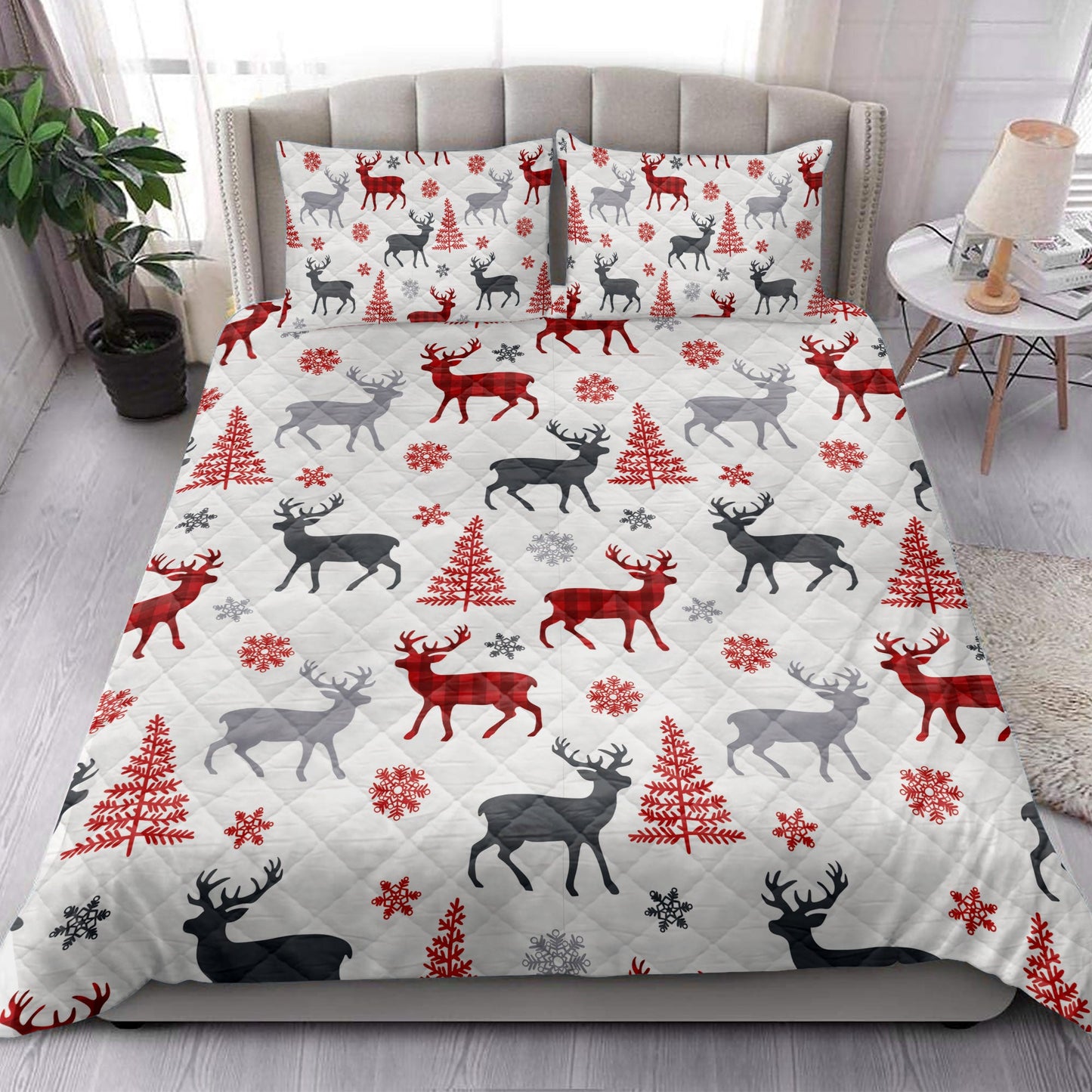 Deer Quilt Set, Christmas Deer Tree Snowflakesmass Quilt Blanket With Pillowcases, Quilt Bedding Set, Christmas Gift