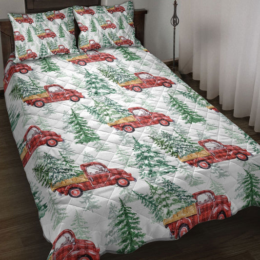 Christmas Quilt Set, Christmas Red Buffalo Plaid Truck Pine Trees Holiday Snowy Tree Quilt Blanket With Pillowcases, Quilt Bedding Set, Christmas Gift