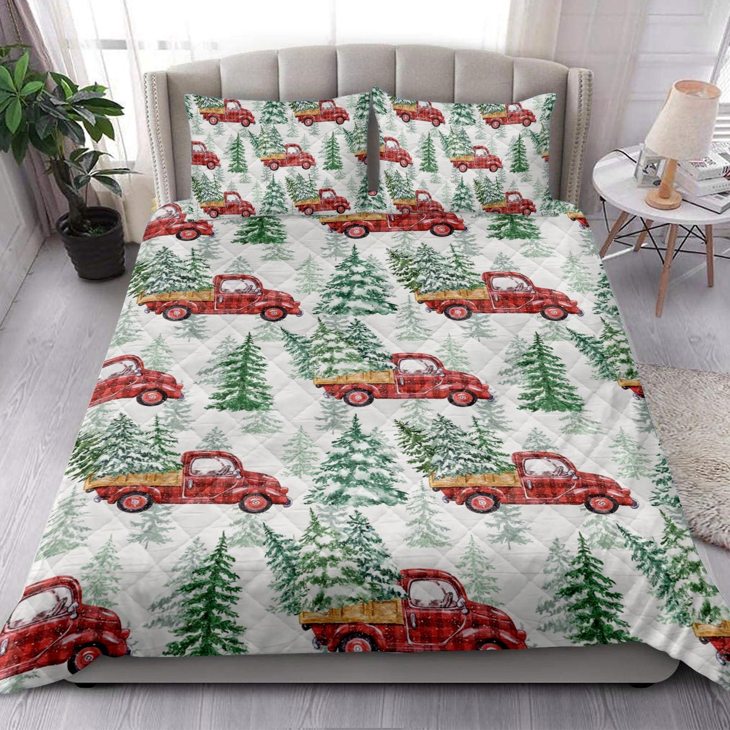 Christmas Quilt Set, Christmas Red Buffalo Plaid Truck Pine Trees Holiday Snowy Tree Quilt Blanket With Pillowcases, Quilt Bedding Set, Christmas Gift