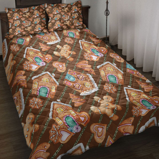 Christmas Quilt Set, Christmas Gingerbread Ho Use Cookies Winter Holiday Quilt Blanket With Pillowcases, Quilt Bedding Set, Christmas Gift