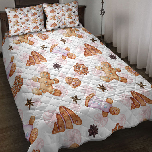 Christmas Quilt Set, Gingerbread Cinnamon Watercolormas Winter Holiday Quilt Blanket With Pillowcases, Quilt Bedding Set, Christmas Gift