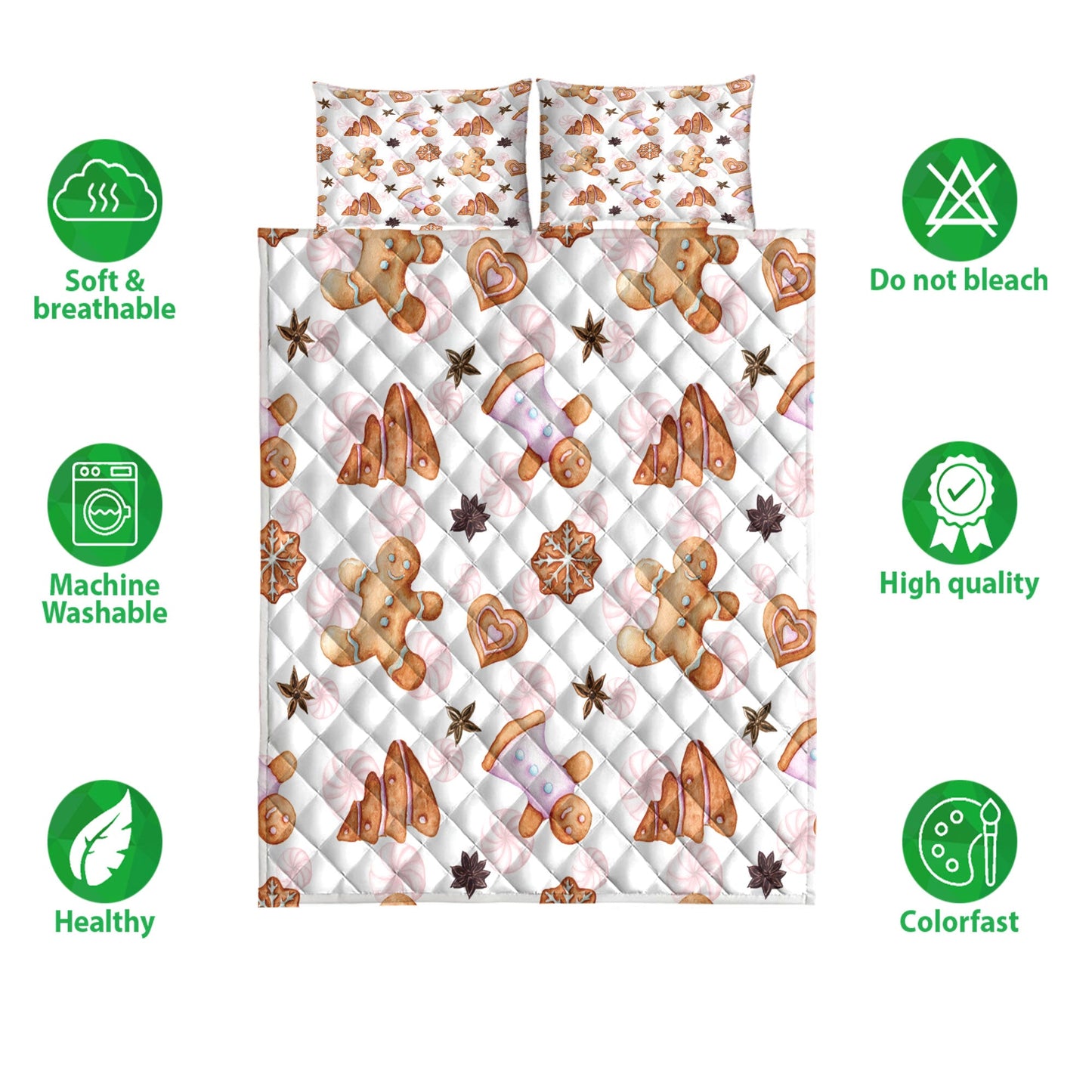Christmas Quilt Set, Gingerbread Cinnamon Watercolormas Winter Holiday Quilt Blanket With Pillowcases, Quilt Bedding Set, Christmas Gift