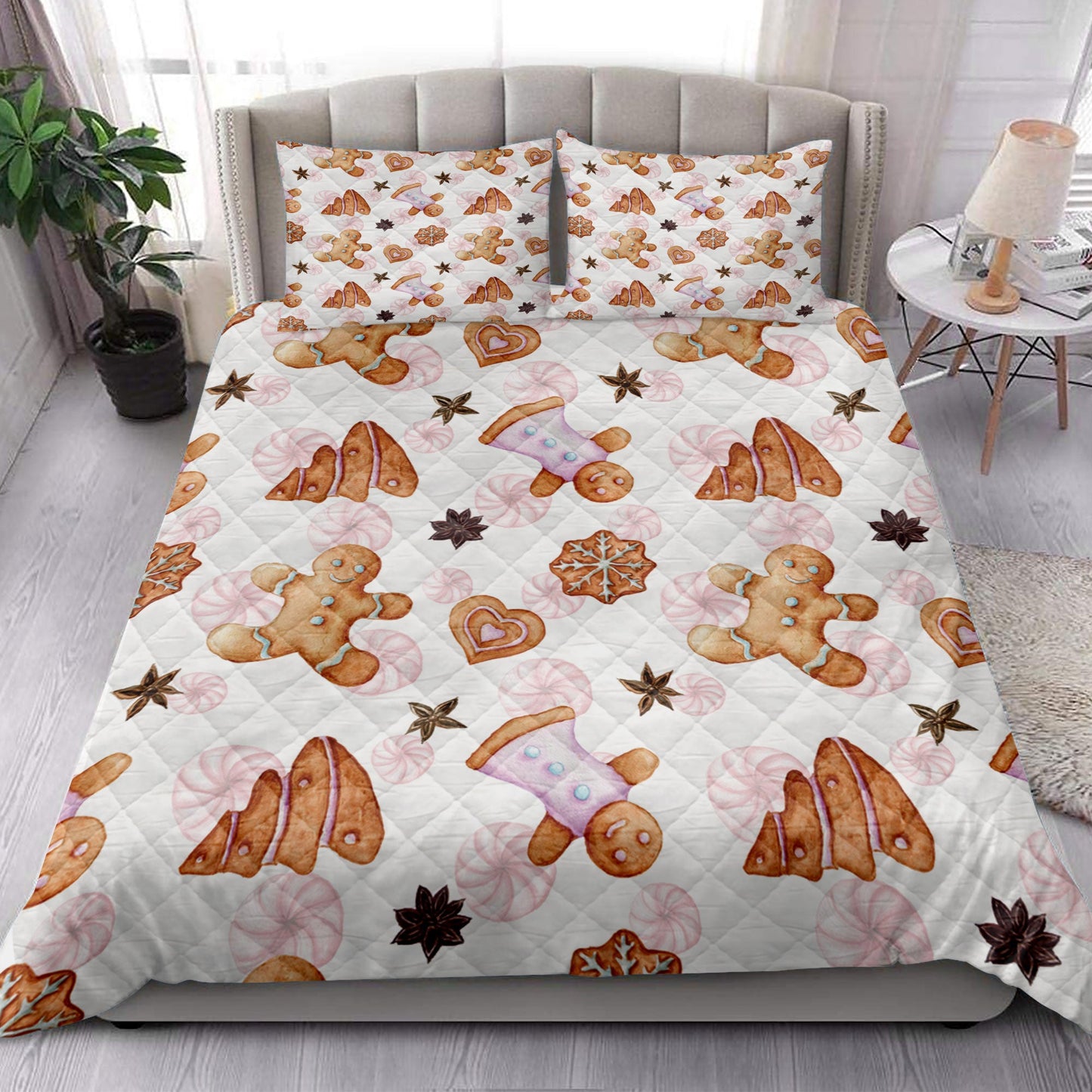 Christmas Quilt Set, Gingerbread Cinnamon Watercolormas Winter Holiday Quilt Blanket With Pillowcases, Quilt Bedding Set, Christmas Gift