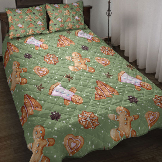 Christmas Quilt Set, Gingerbread Cinnamonmas Greenmass Quilt Blanket With Pillowcases, Quilt Bedding Set, Christmas Gift