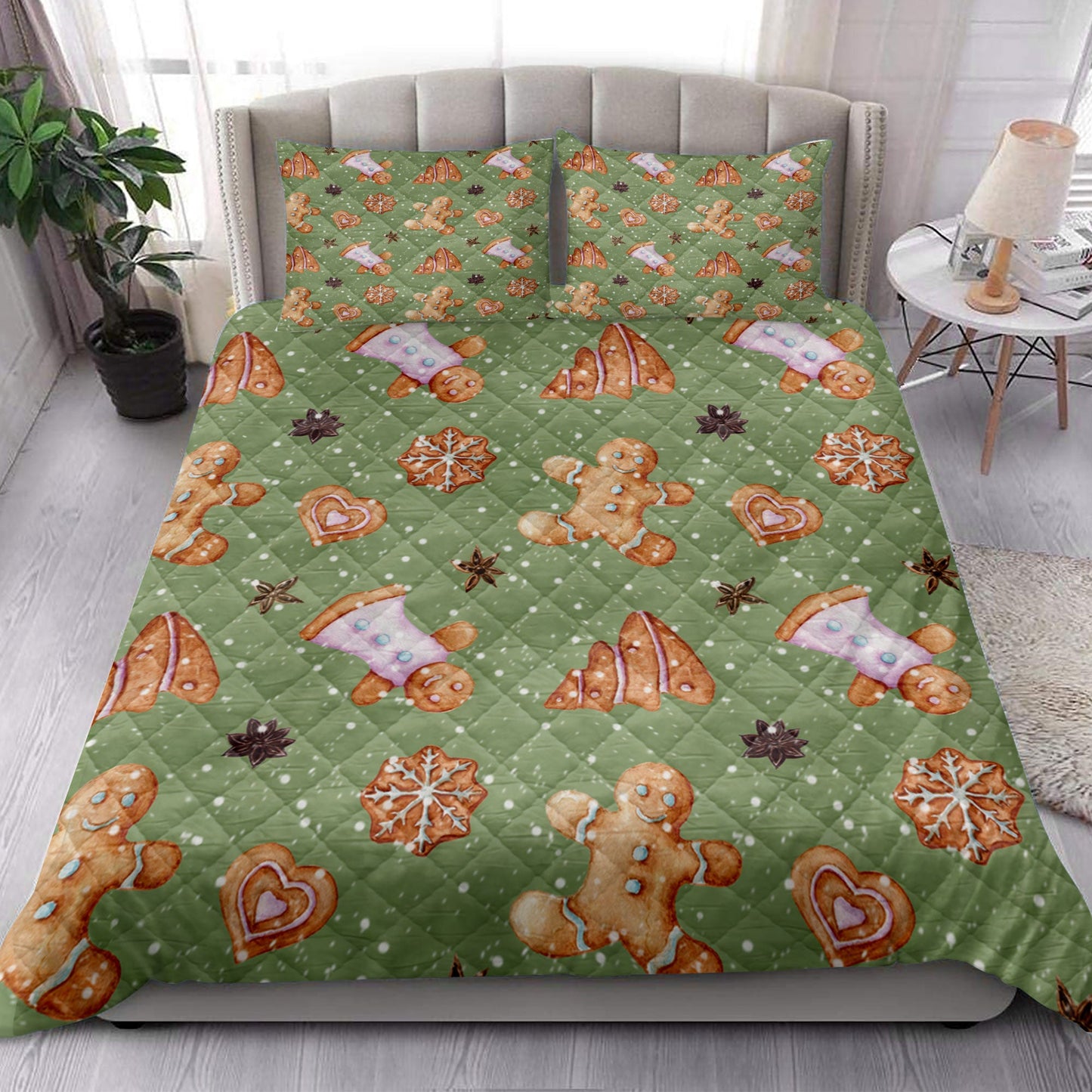 Christmas Quilt Set, Gingerbread Cinnamonmas Greenmass Quilt Blanket With Pillowcases, Quilt Bedding Set, Christmas Gift