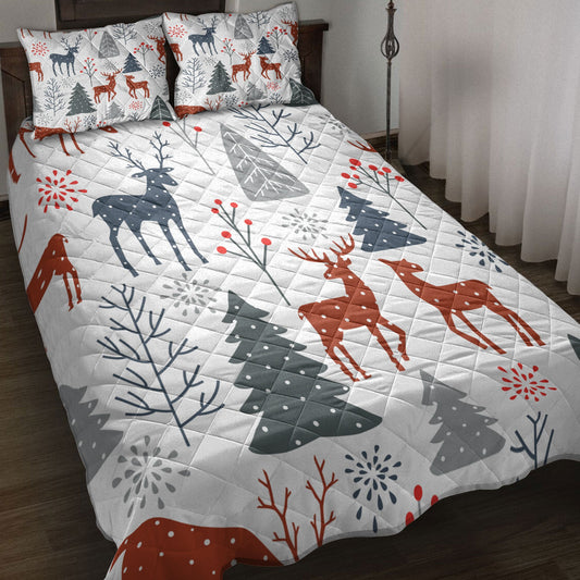 Christmas Quilt Set, Christmas With Trees Spruces Reindeer Winter Holidaymas Quilt Blanket With Pillowcases, Quilt Bedding Set, Christmas Gift