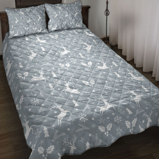 Christmas Quilt Set, Christmas Reindeer Pine Tree Snowflakesmass Quilt Blanket With Pillowcases, Quilt Bedding Set, Christmas Gift