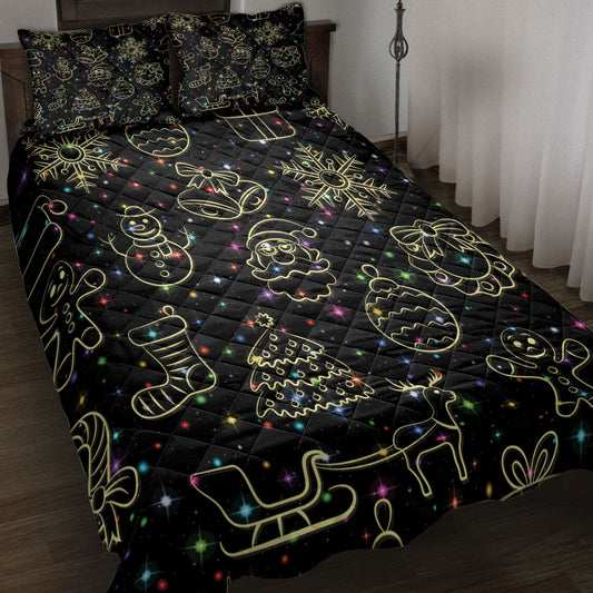 Christmas Quilt Set, Christmas Neon Light Winter Holidaymass Quilt Blanket With Pillowcases, Quilt Bedding Set, Christmas Gift