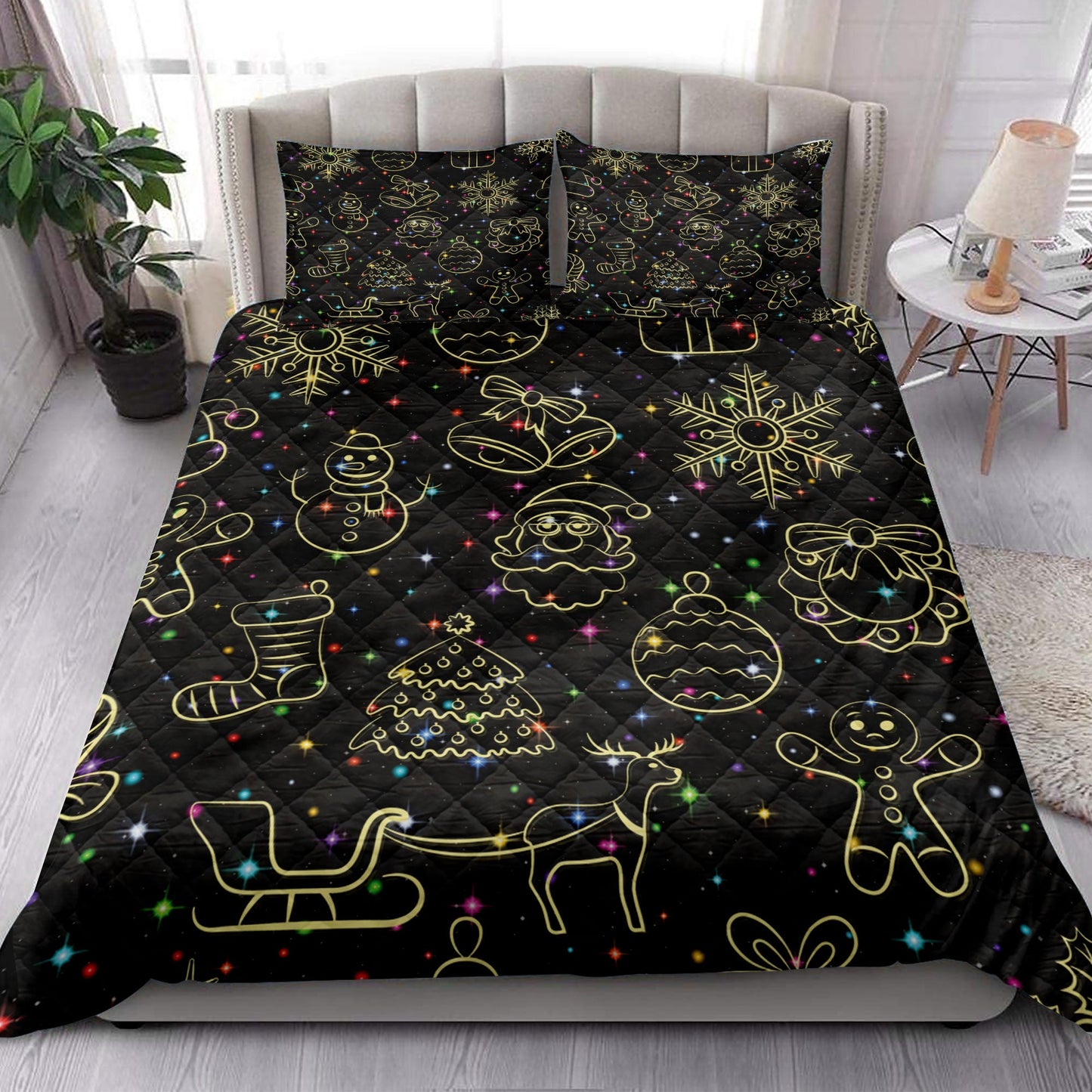 Christmas Quilt Set, Christmas Neon Light Winter Holidaymass Quilt Blanket With Pillowcases, Quilt Bedding Set, Christmas Gift